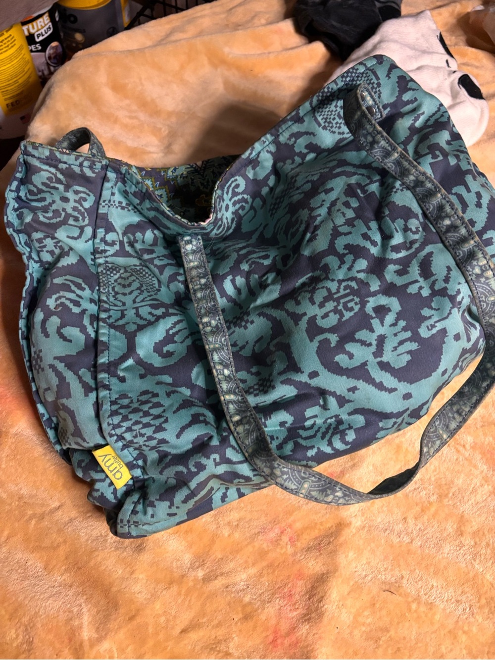 Kavu Teal and Navy Damask-Print Tote